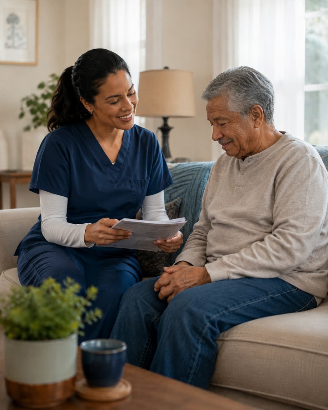 A clinician reviewing care information with an older adult at home.