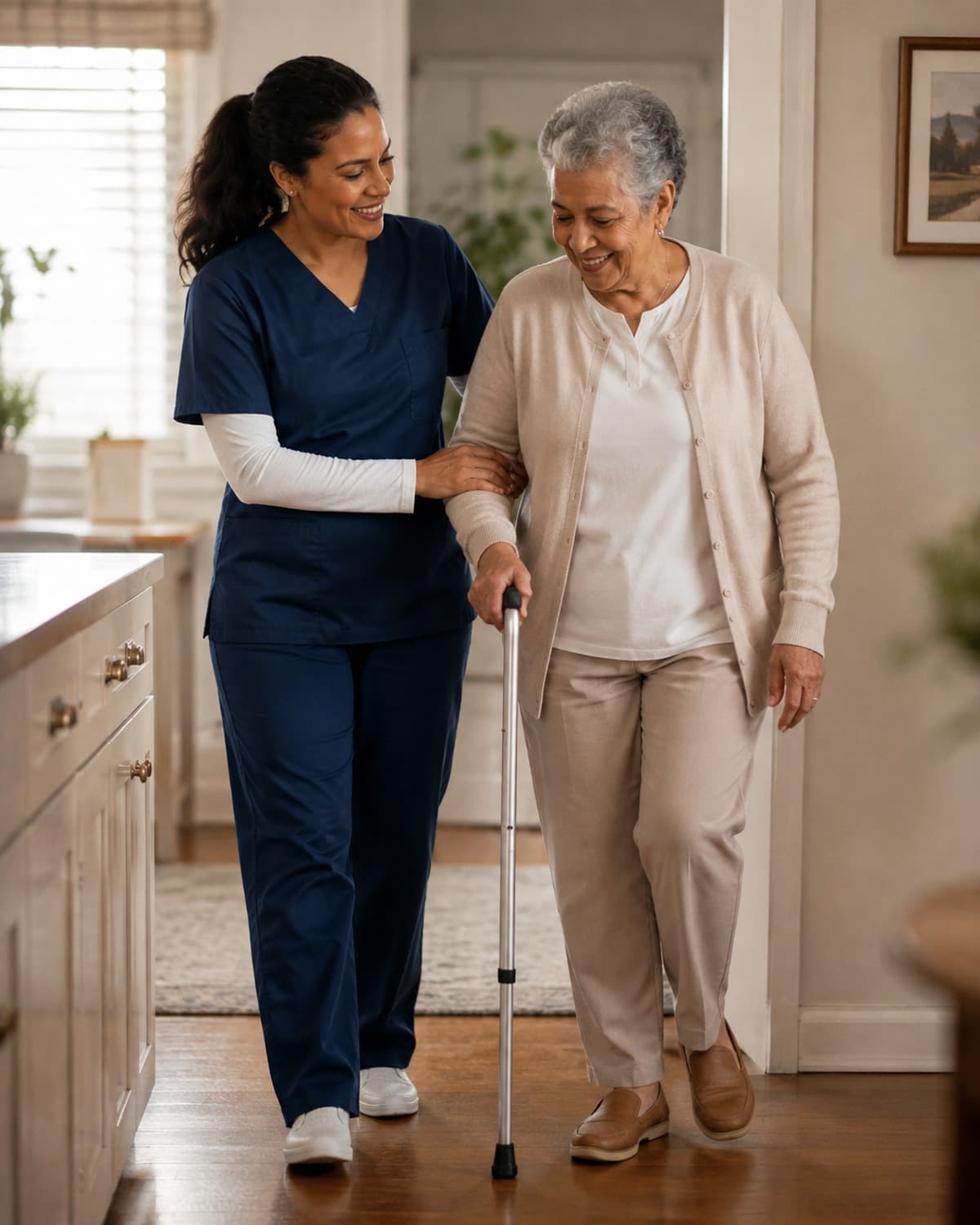 Home health therapist assisting an older adult with mobility practice in a living room.