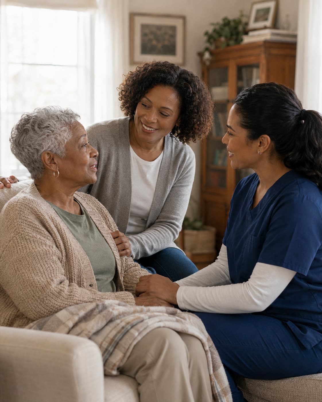 A clinician and family member speaking with an older adult at home.