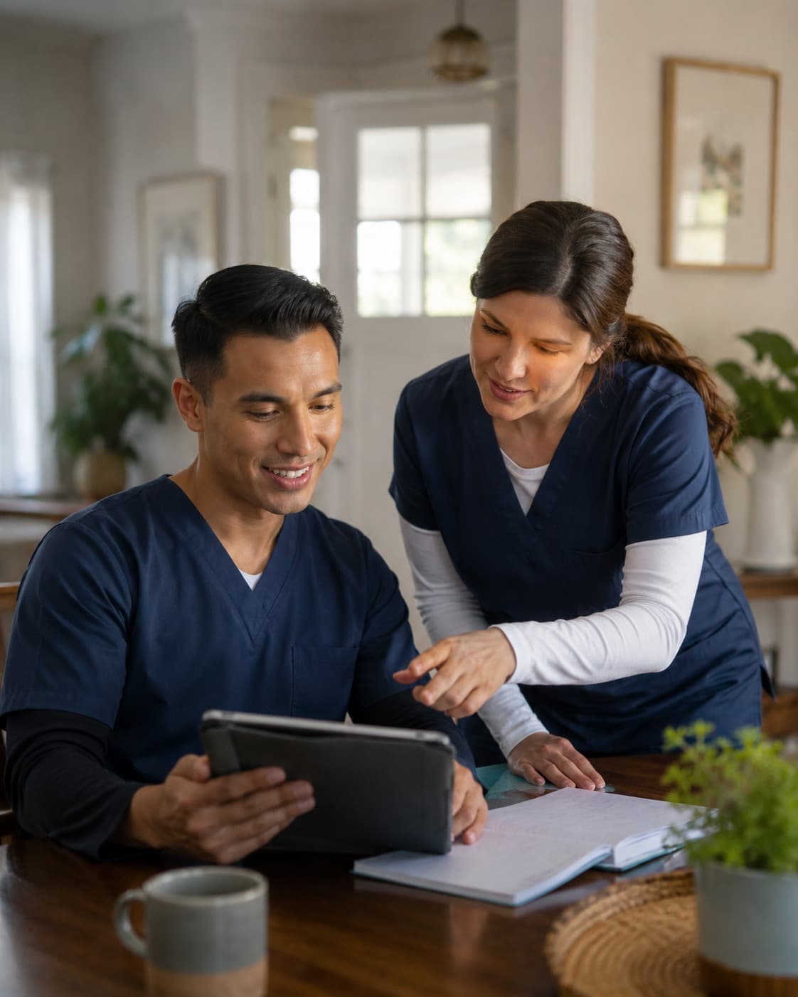 Two clinicians reviewing care information together in a home setting.
