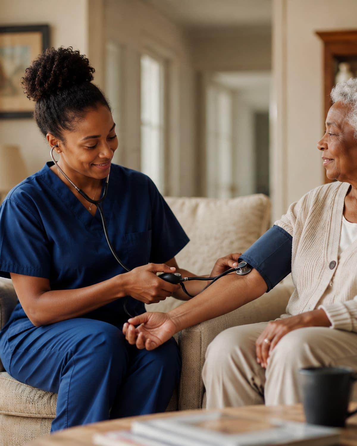 Home health clinician checking an older adult's blood pressure in a living room.